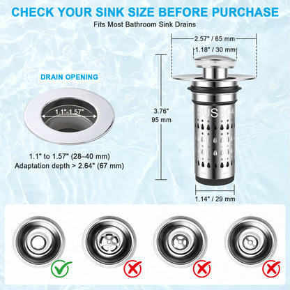 Product sizing diagram for a bathroom sink drain filter with dimensions labeled in inches and millimeters, plus four sink opening examples at the bottom indicating fit.