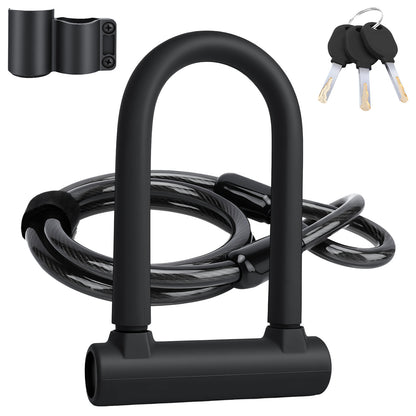 Black bike lock with cable and two keys on a white background