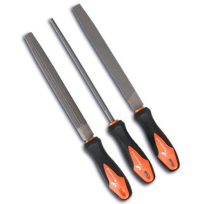 Three metal files with black and orange handles on a white background