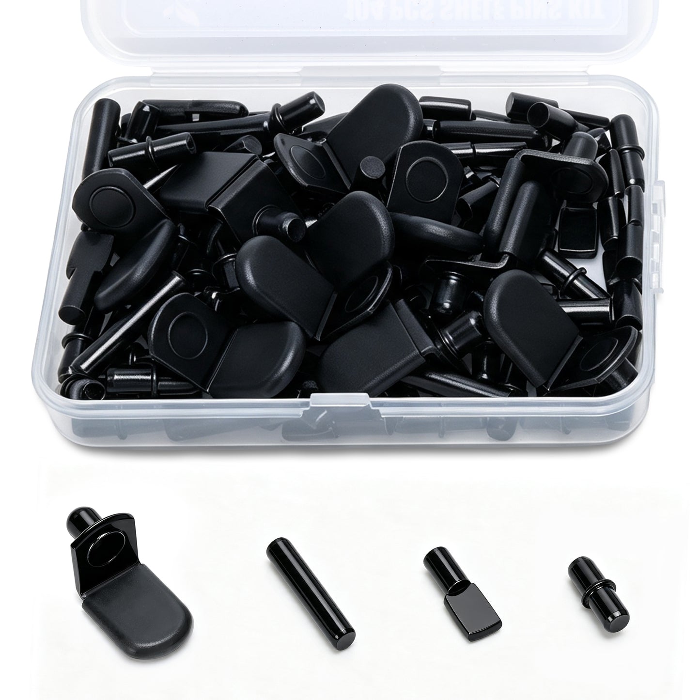 Black plastic drawer knob inserts and matching cylindrical pieces shown inside a clear plastic storage box, with four loose pieces displayed below on a white background.