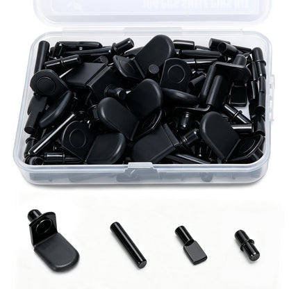 Black plastic drawer knob inserts and matching cylindrical pieces shown inside a clear plastic storage box, with four loose pieces displayed below on a white background.