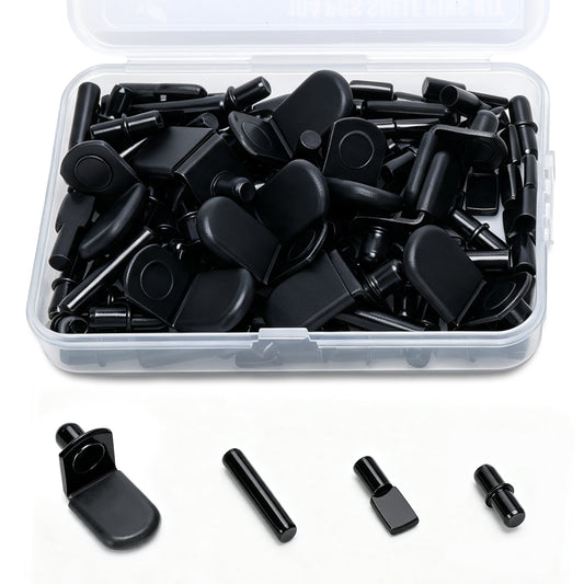 Black plastic drawer knob inserts and matching cylindrical pieces shown inside a clear plastic storage box, with four loose pieces displayed below on a white background.