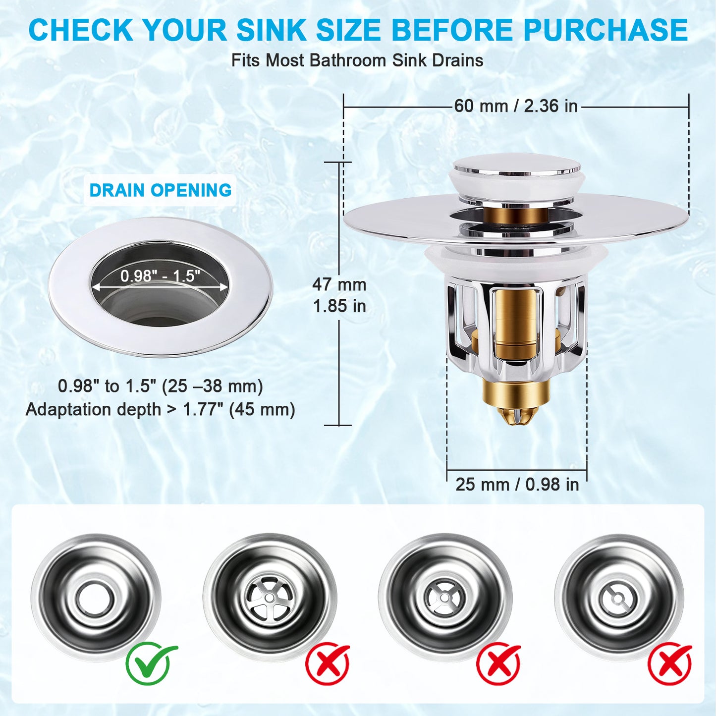 A product diagram showing a chrome bathroom sink drain with dimension labels, including a drain opening size of 0.98 to 1.