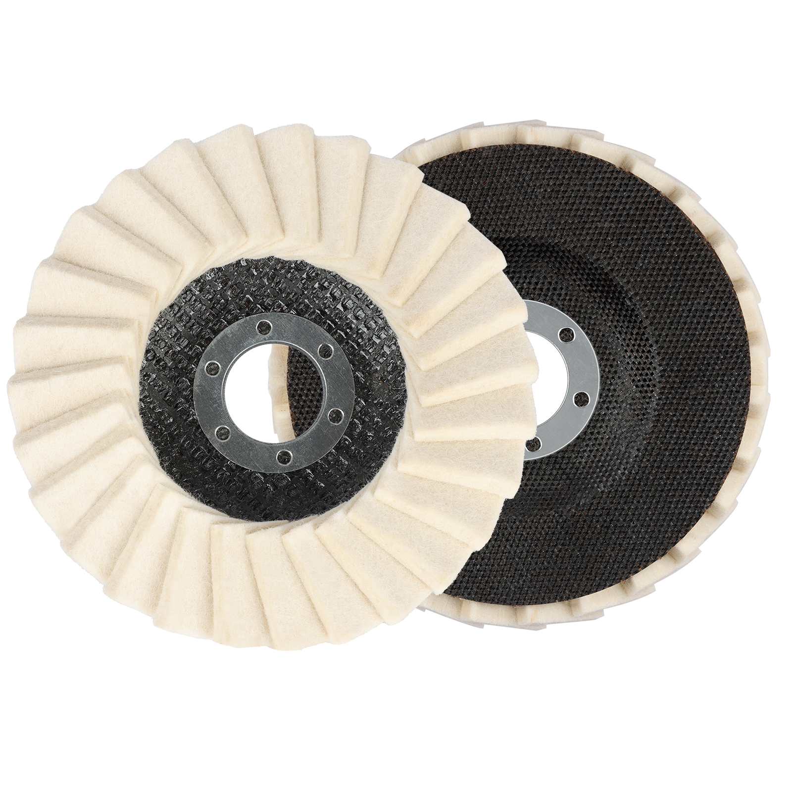 Two abrasive discs with different textures on a white background