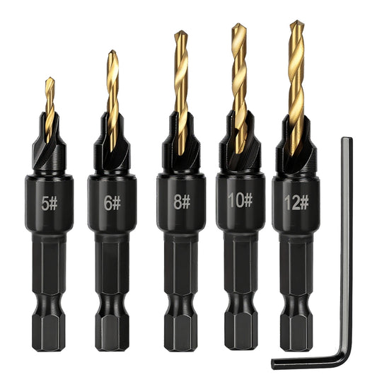 Countersink Drill Bit Set – 5PCS Adjustable HSS Titanium Coated Bits for Woodworking & DIY