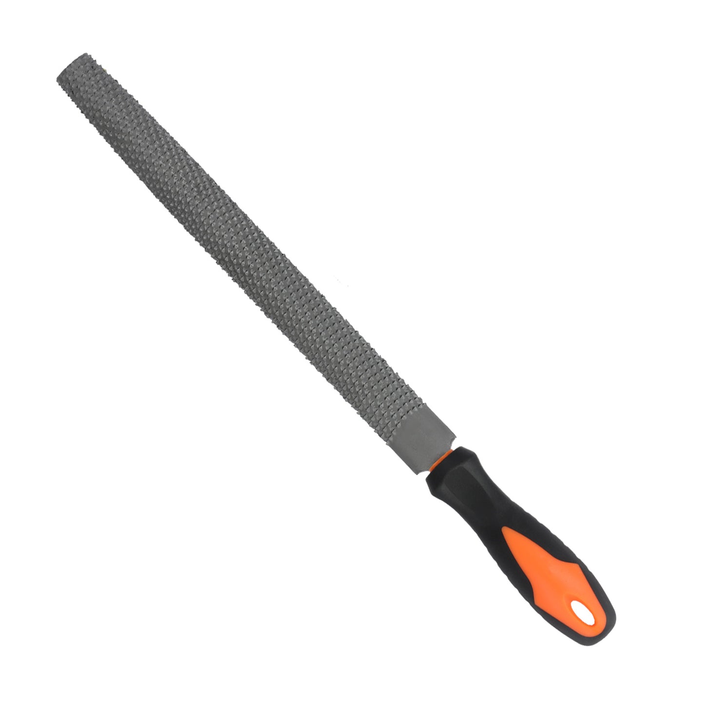 Rasp tool with a black and orange handle on a white background