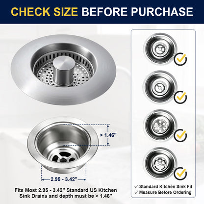 Stainless steel kitchen sink drain shown with size measurement callouts and a fit guide. The image includes a large front view of the drain, a top-down view with dimensions, and a vertical checklist on the right indicating standard kitchen sink fit with checkmarks.