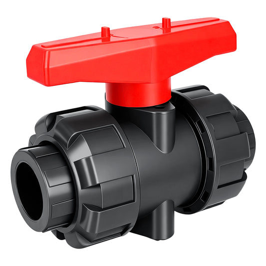 A black plastic ball valve with a bright red T-handle, shown on a solid white background.