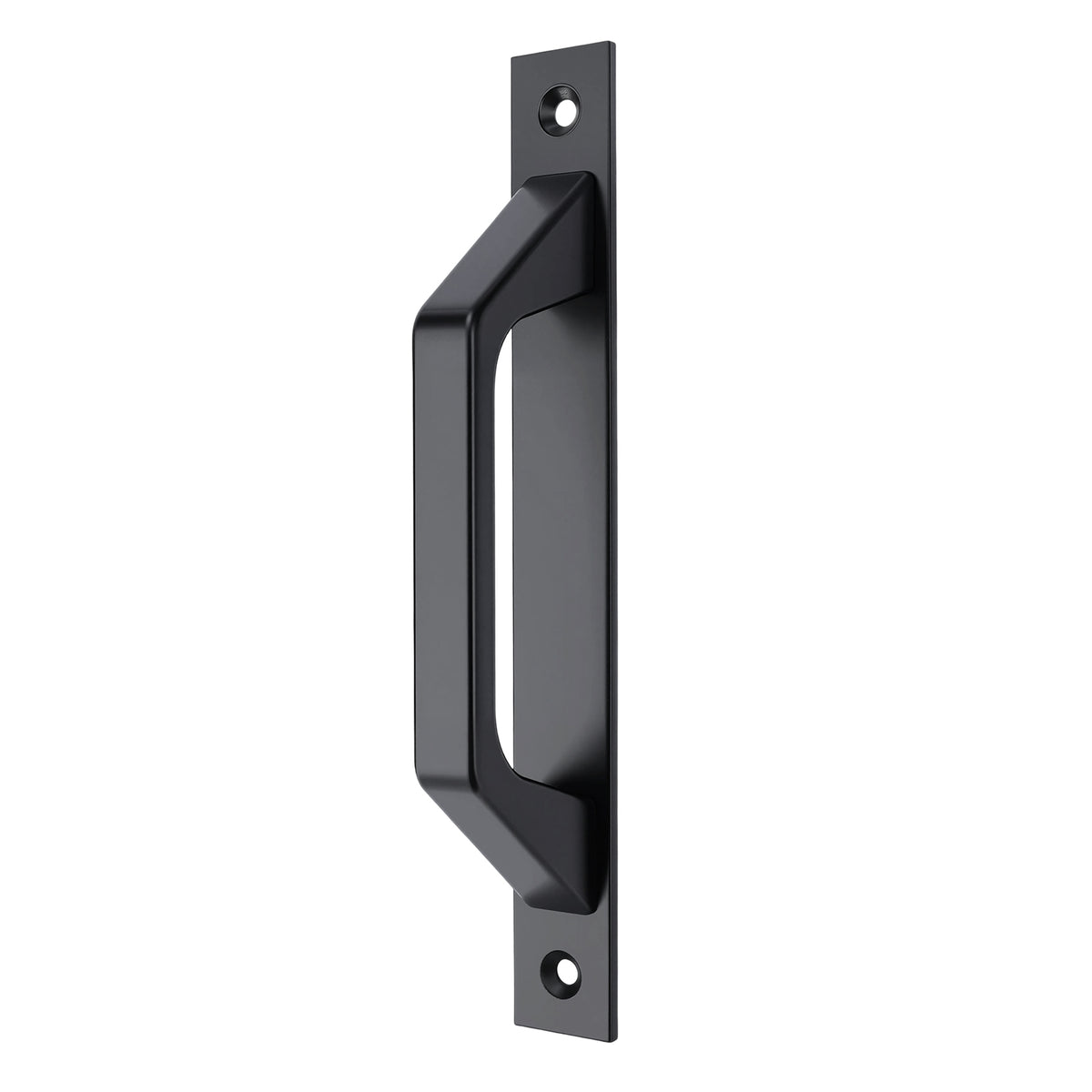 A matte black metal door handle with a mounting plate, shown against a plain white background.