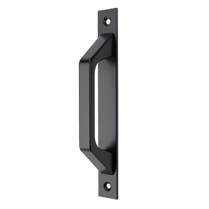 A matte black metal door handle with a mounting plate, shown against a plain white background.