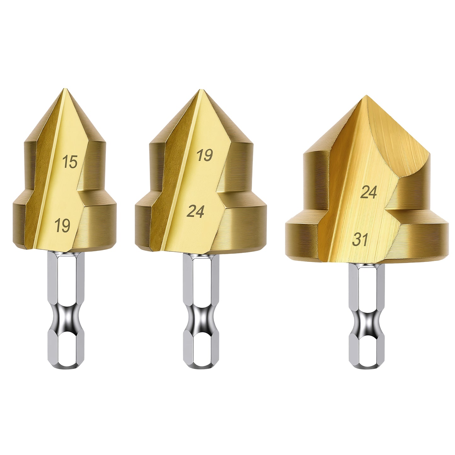 Three gold-colored drill bits with numbered sizes on a white background