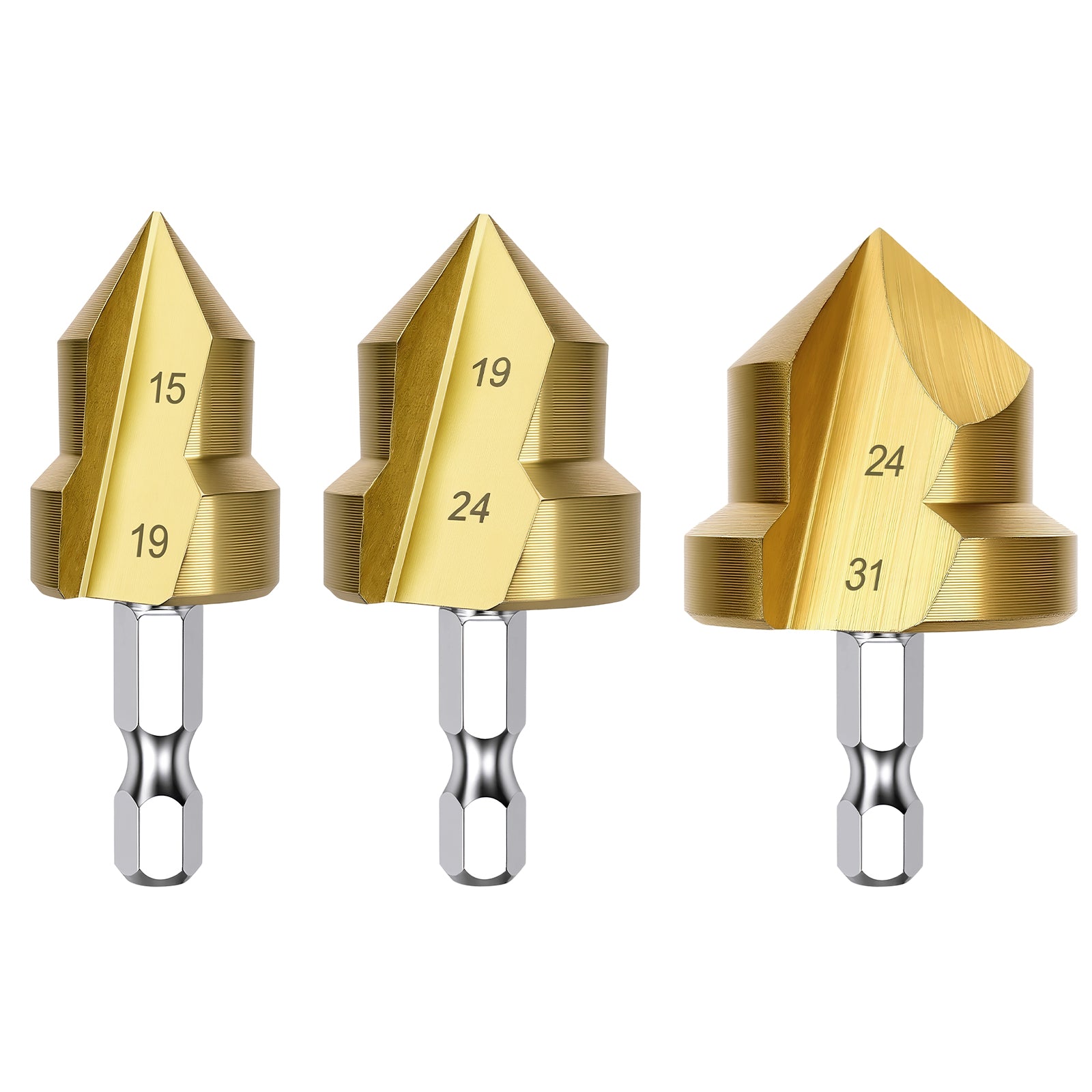 Three gold-colored drill bits with numbered sizes on a white background