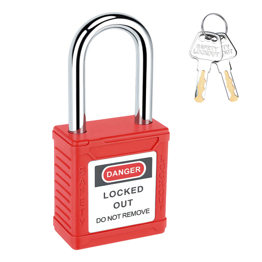 Red safety padlock with 1.5 inch shackle, keyed lockout tagout lock with keys, durable nylon body and steel shackle for industrial safety use