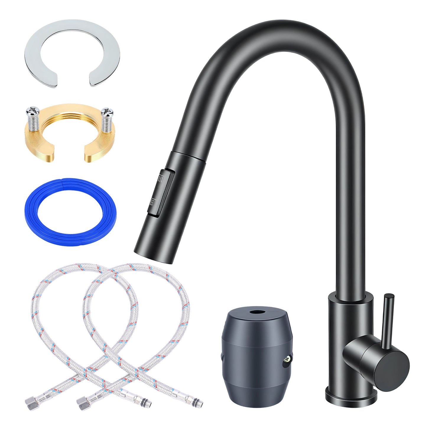Back pull down kitchen faucet with high arc spout, single handle hot and cold water tap with sprayer, hoses and installation accessories