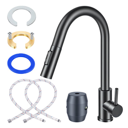 Back pull down kitchen faucet with high arc spout, single handle hot and cold water tap with sprayer, hoses and installation accessories
