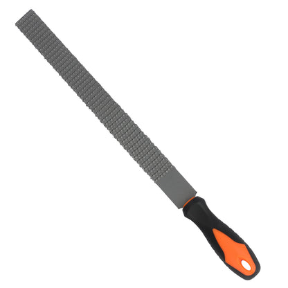 Metal file with black and orange handle on a white background