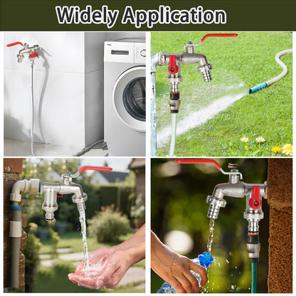 Garden Dual Outlet Zinc Alloy Hose Bib, 1 Inlet 2 Outlet Splitter Faucet with Dual Nozzles and Belt Hose Connection