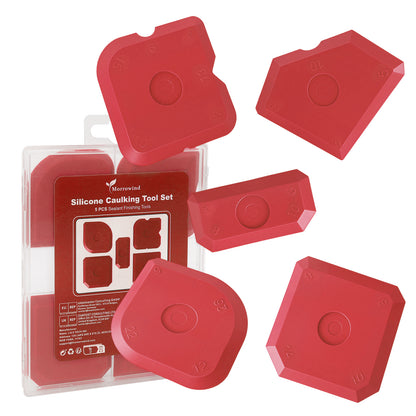 Red silicone caulking tool set with multiple edge sizes, 5-piece sealant finishing tools for smooth joints in bathroom, kitchen, and tile applications