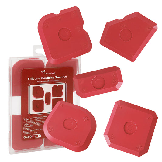 Red silicone caulking tool set with multiple edge sizes, 5-piece sealant finishing tools for smooth joints in bathroom, kitchen, and tile applications
