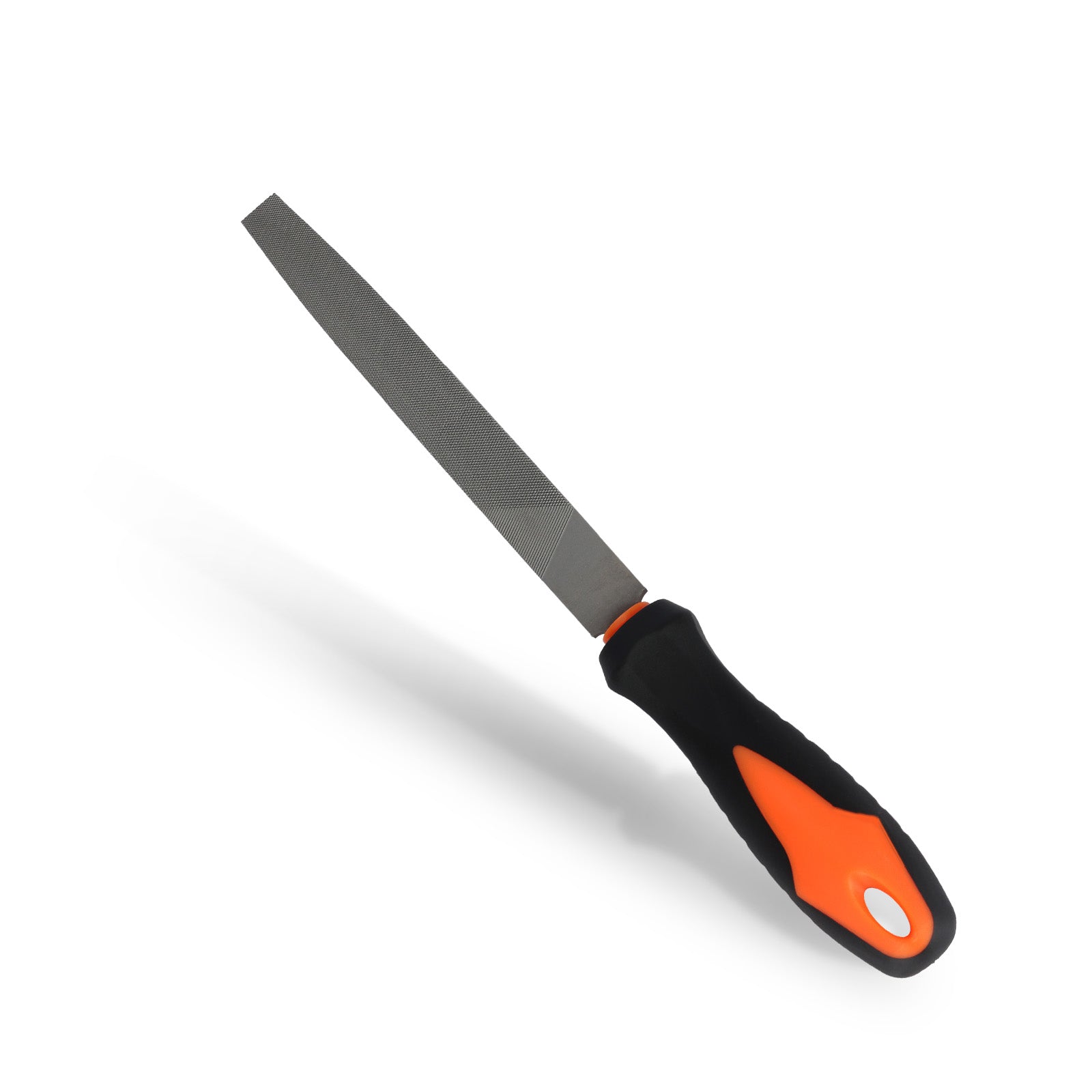 Metal file with black and orange handle on a white background