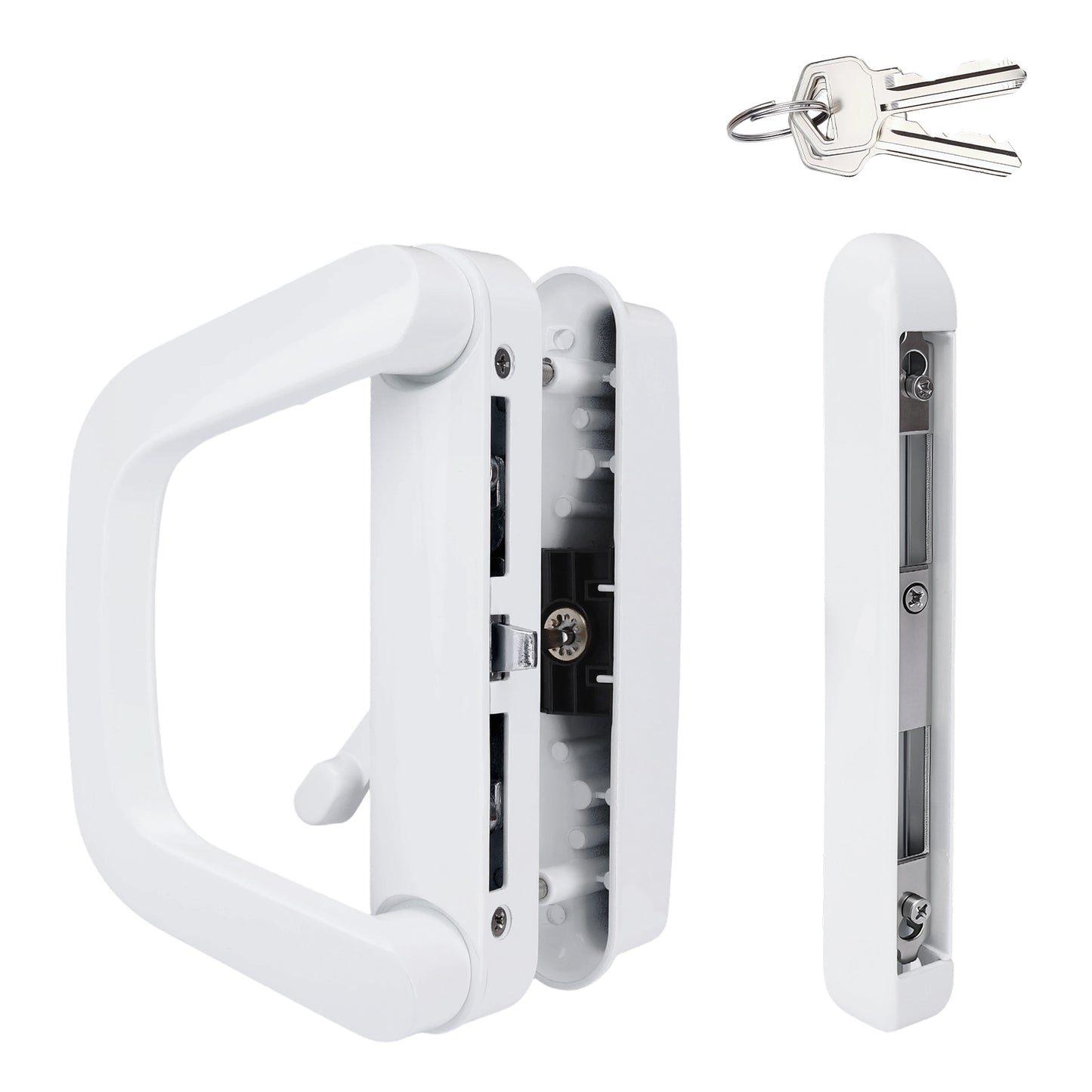 White sliding patio door lock with key, reversible handle design, fits 35-45mm door thickness, includes latch and mounting parts for secure installation