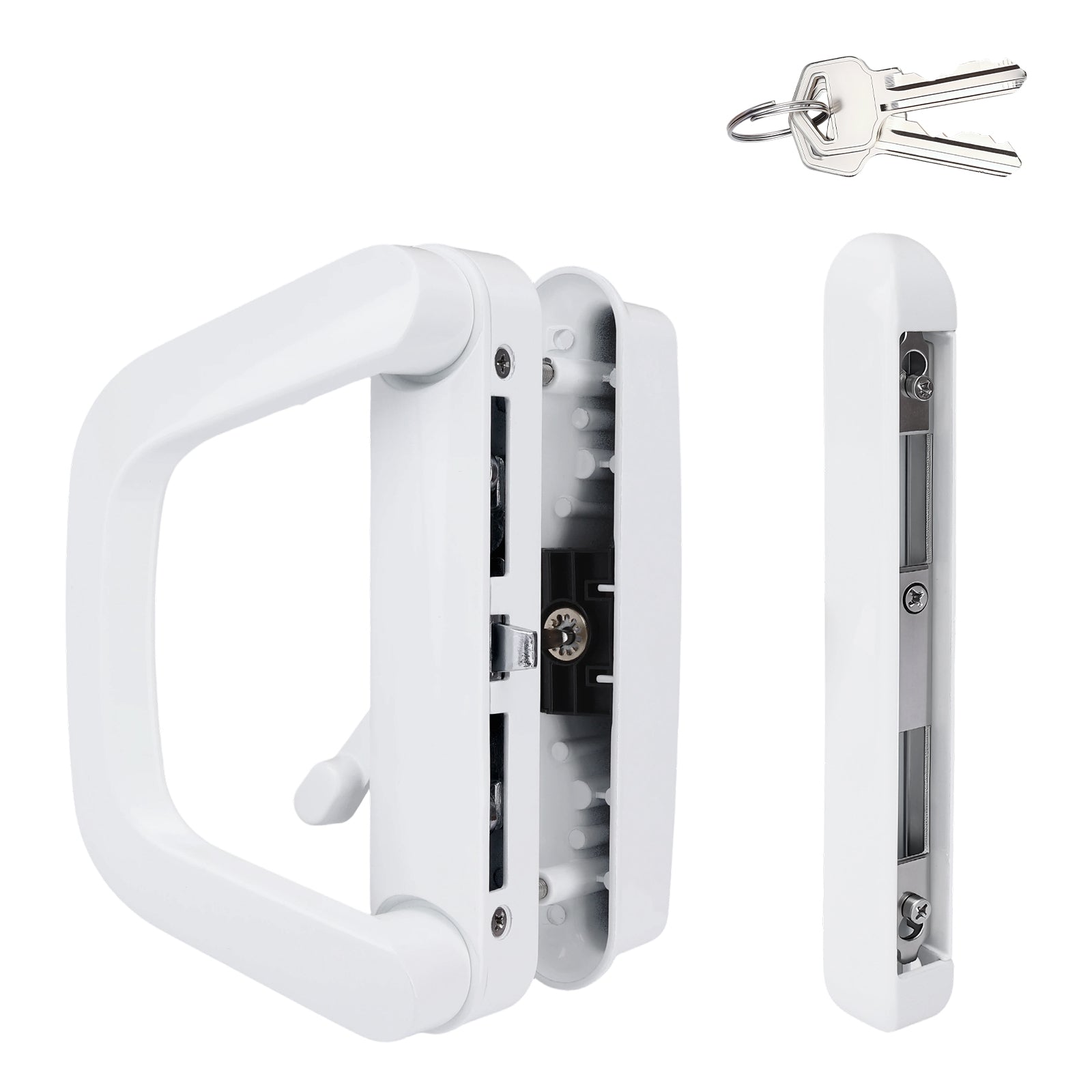 White sliding patio door lock with key, reversible handle design, fits 35-45mm door thickness, includes latch and mounting parts for secure installation