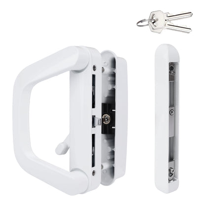 White sliding patio door lock with key, reversible handle design, fits 35-45mm door thickness, includes latch and mounting parts for secure installation