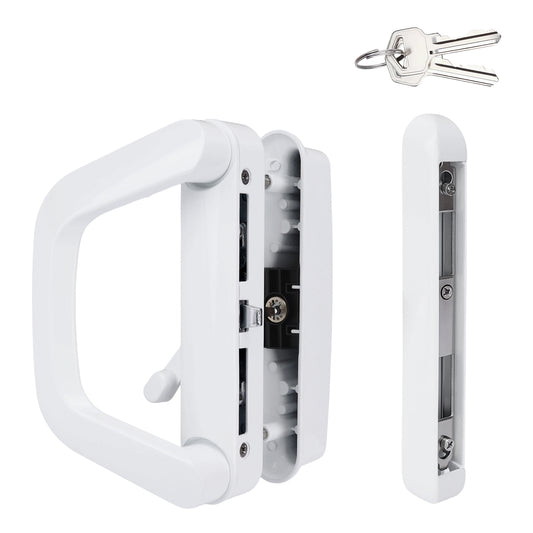 White sliding patio door lock with key, reversible handle design, fits 35-45mm door thickness, includes latch and mounting parts for secure installation