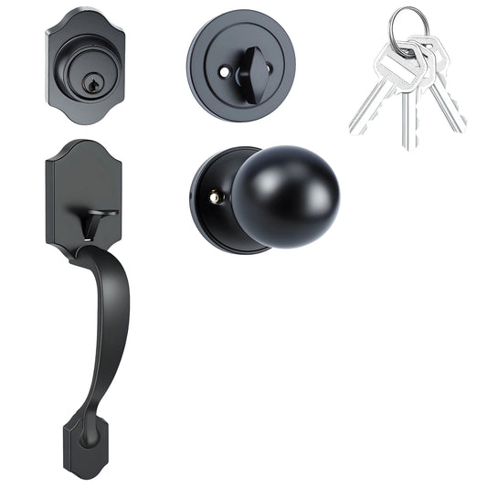 Matte black single cylinder door handle set with round knob, zinc alloy, adjustable backset 200-235 mm, reversible for left and right doors
