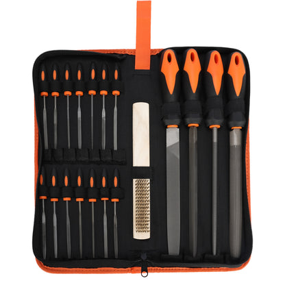 Set of tools with orange handles in a black case on a white background
