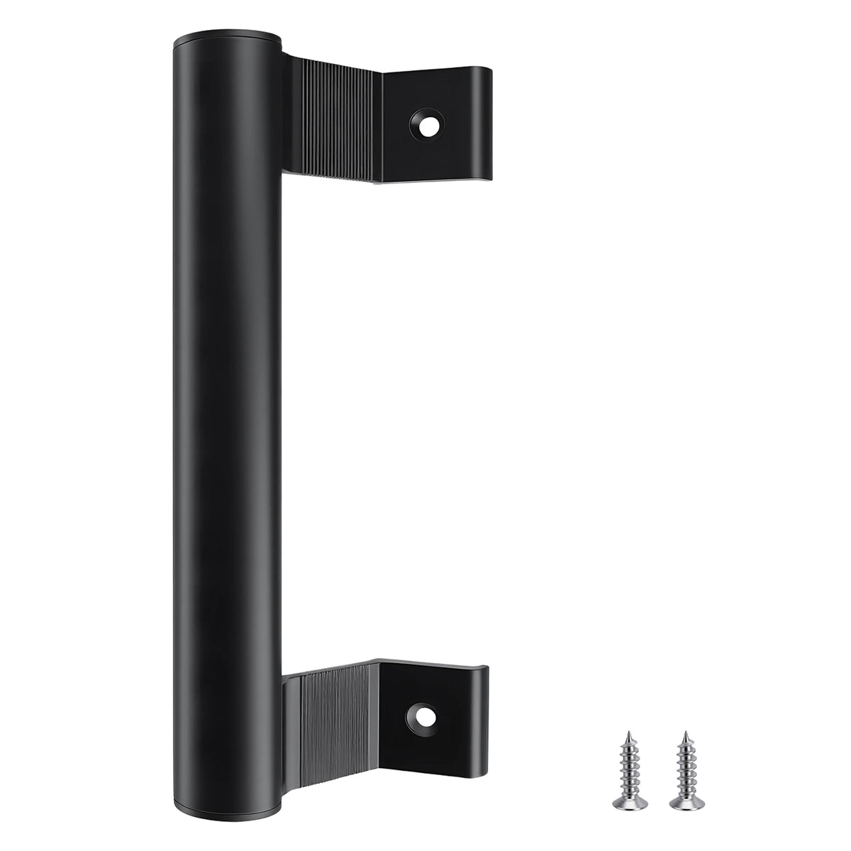 A black metal cylindrical wall handle with two mounting brackets and two silver screws, shown on a plain white background.