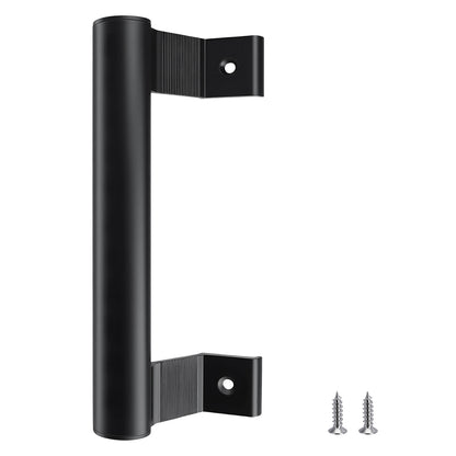 A black metal cylindrical wall handle with two mounting brackets and two silver screws, shown on a plain white background.