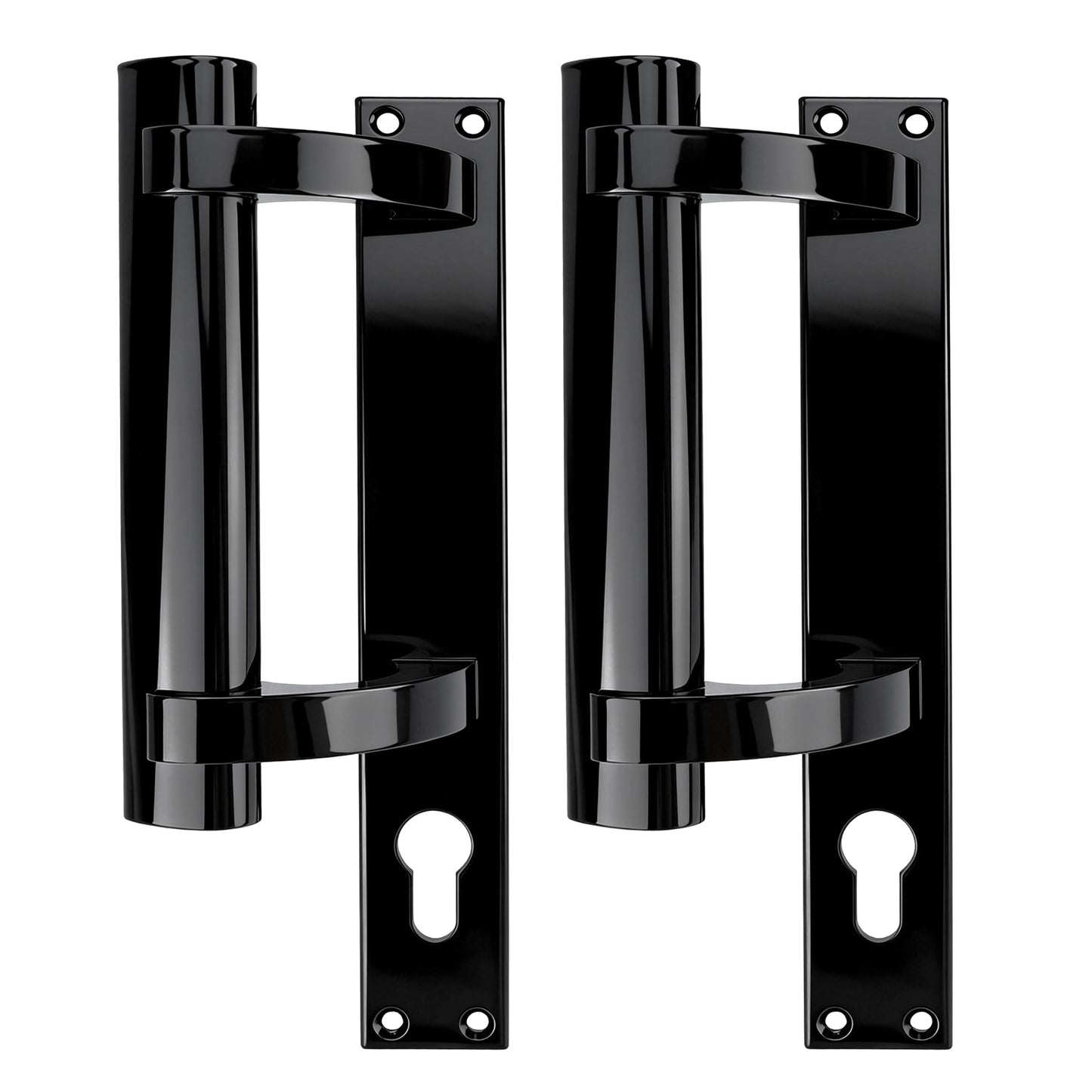 Two black metal door handles with matching mounting plates, shown side by side on a plain white background.