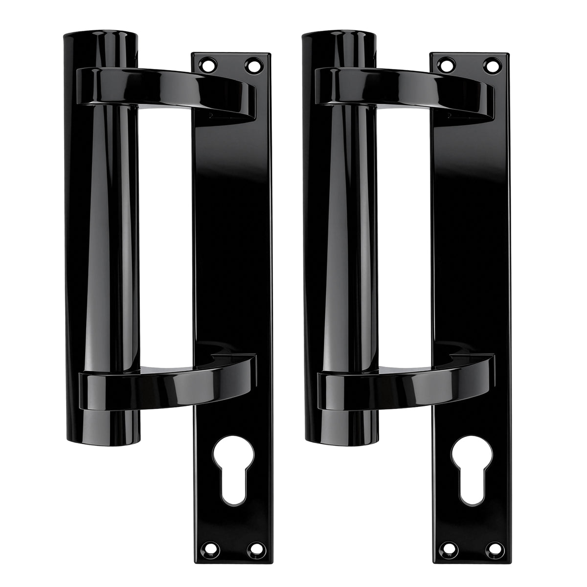 Two black metal door handles with matching mounting plates, shown side by side on a plain white background.