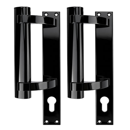 Two black metal door handles with matching mounting plates, shown side by side on a plain white background.