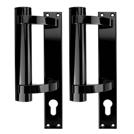 Two black metal door handles with matching mounting plates, shown side by side on a plain white background.
