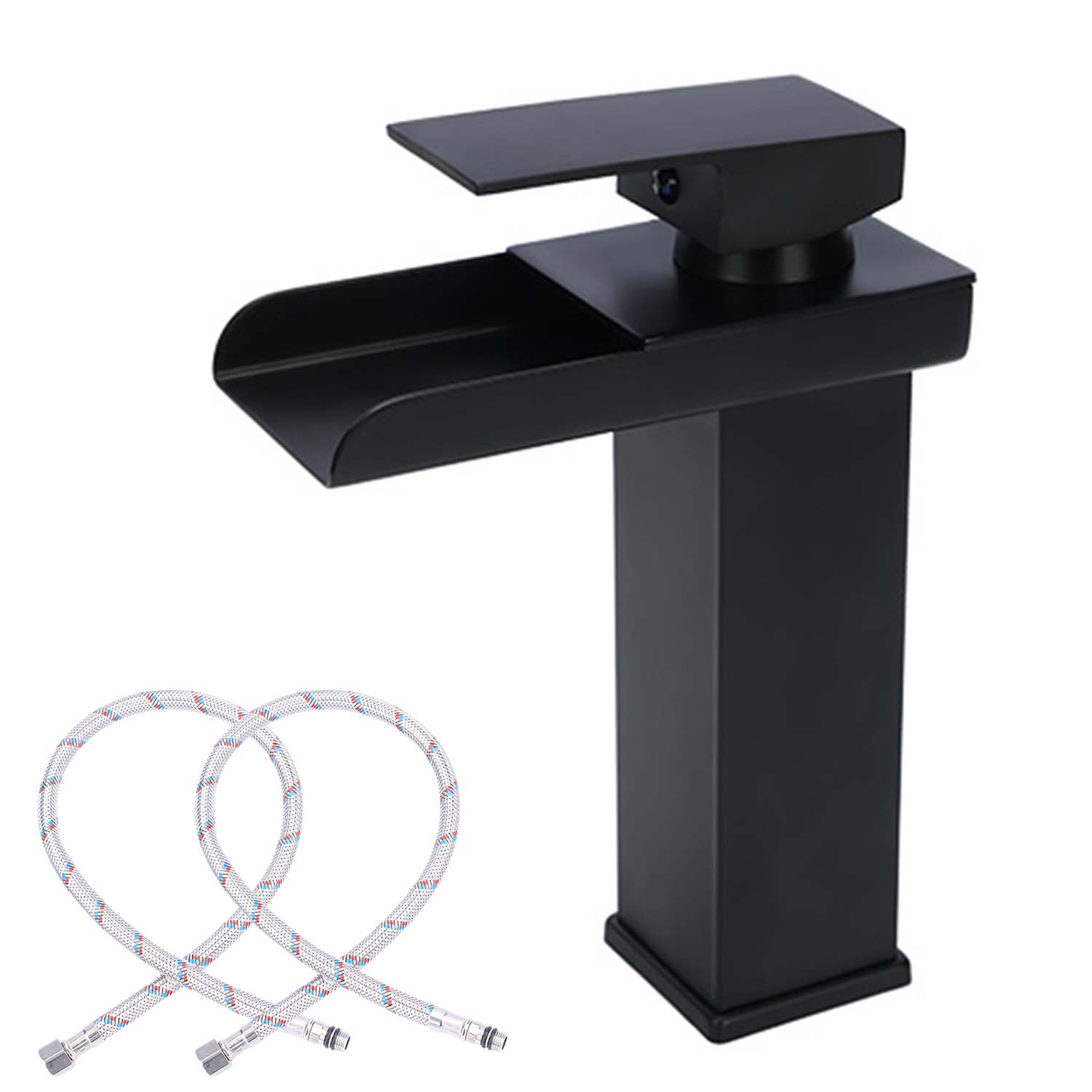 Black bathroom faucet with hoses on a white background