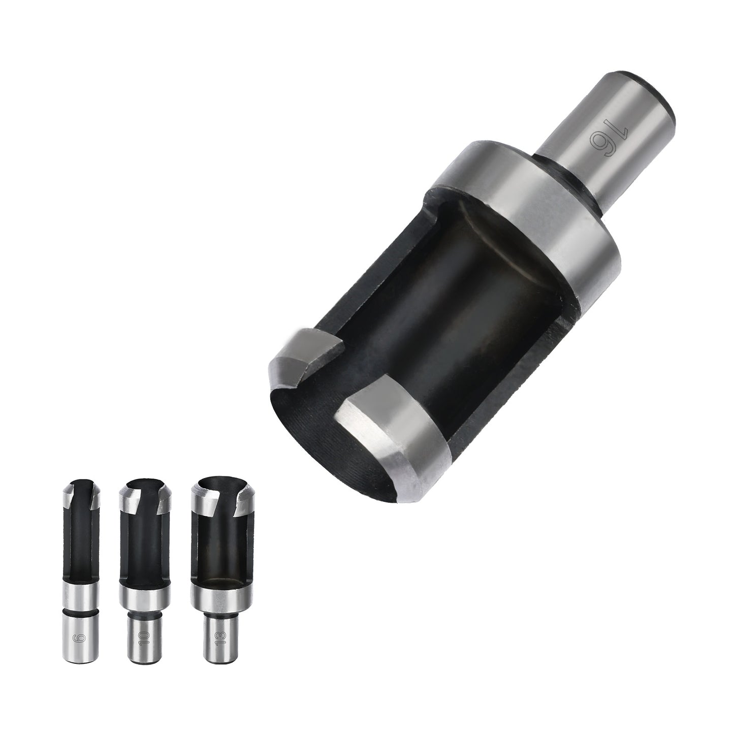 Drill bit set with a large drill bit and three smaller bits on a white background