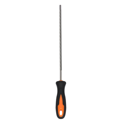 Screwdriver with black and orange handle on a white background
