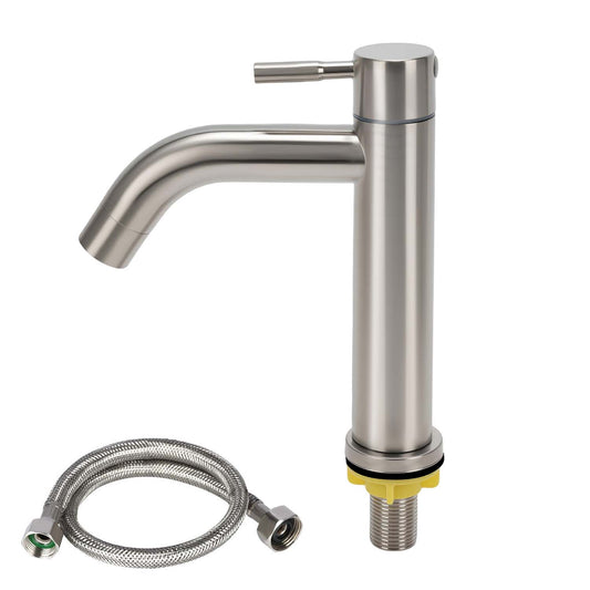Stainless steel kitchen faucet with hose on a white background