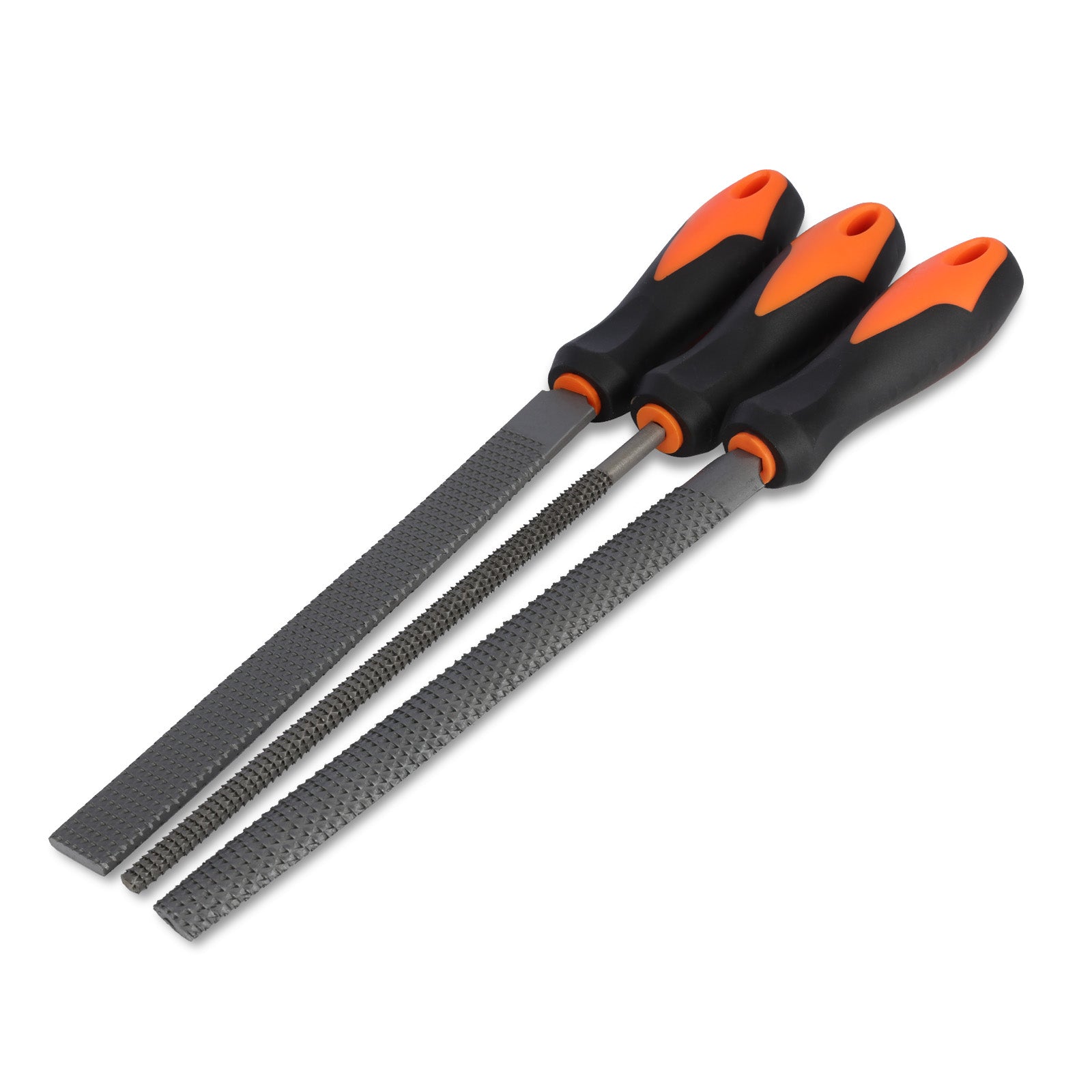 Three metal files with orange and black handles on a white background