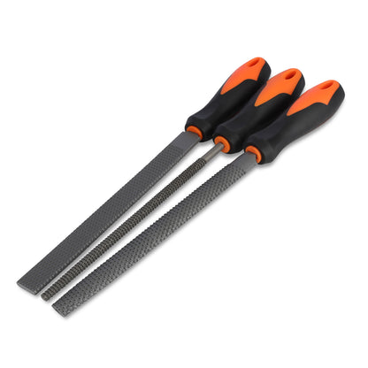 Three metal files with orange and black handles on a white background