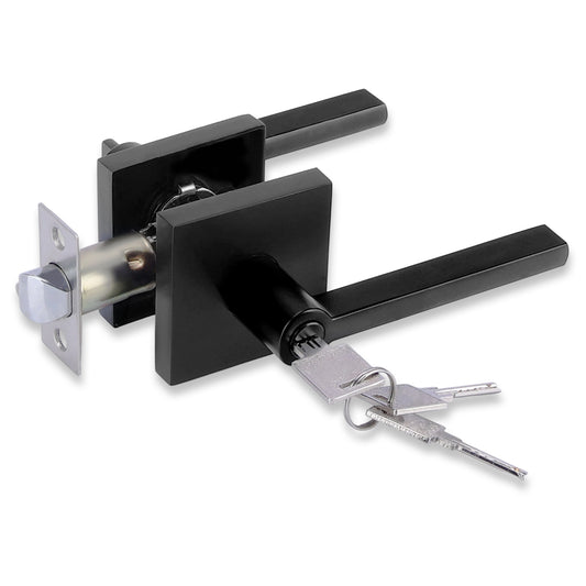 Black door handle with key on a white background