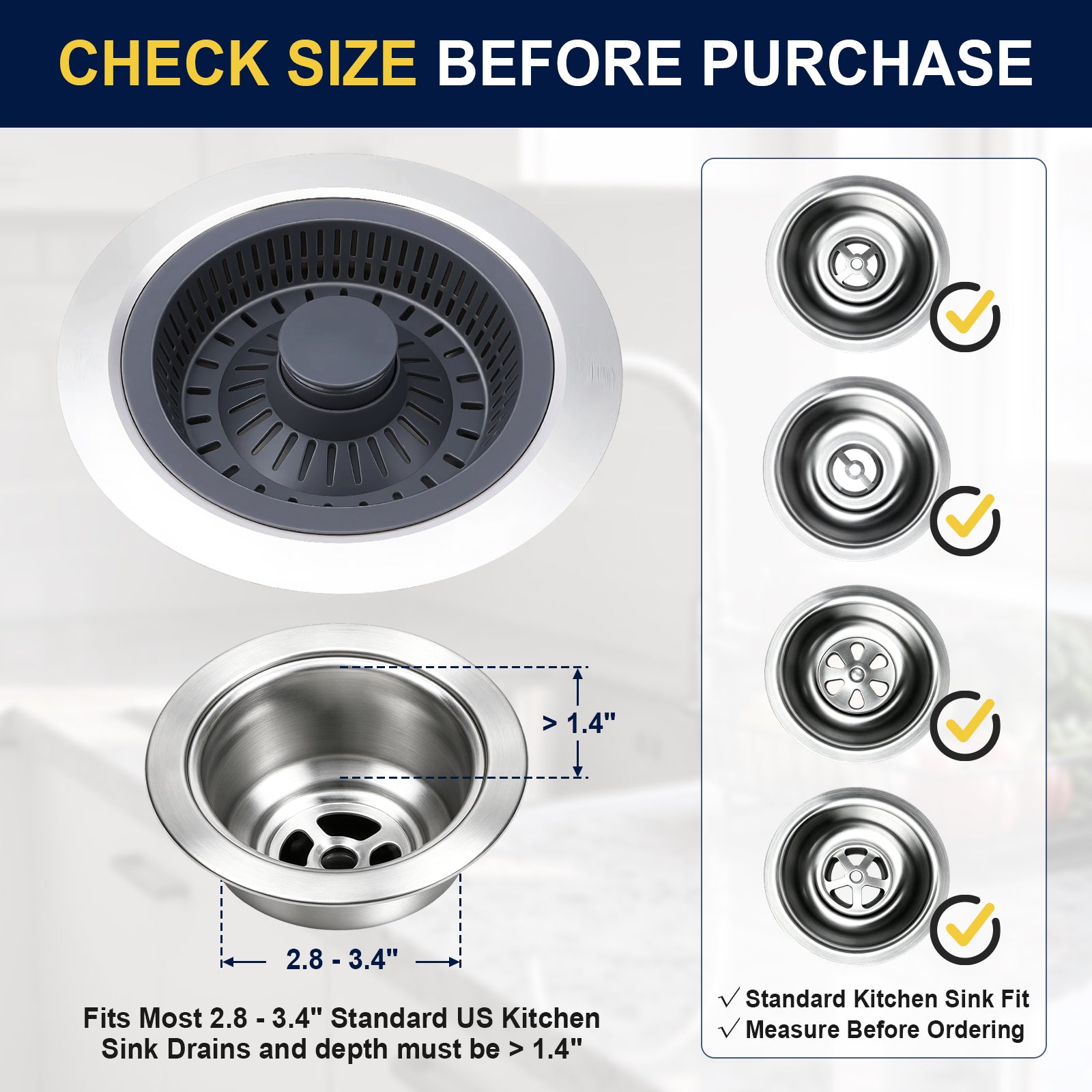 Product fit guide for a kitchen sink drain replacement, showing a top-down and front view of the drain with dimensions, plus a panel indicating compatible sink drain shapes and a note to check size before purchase.