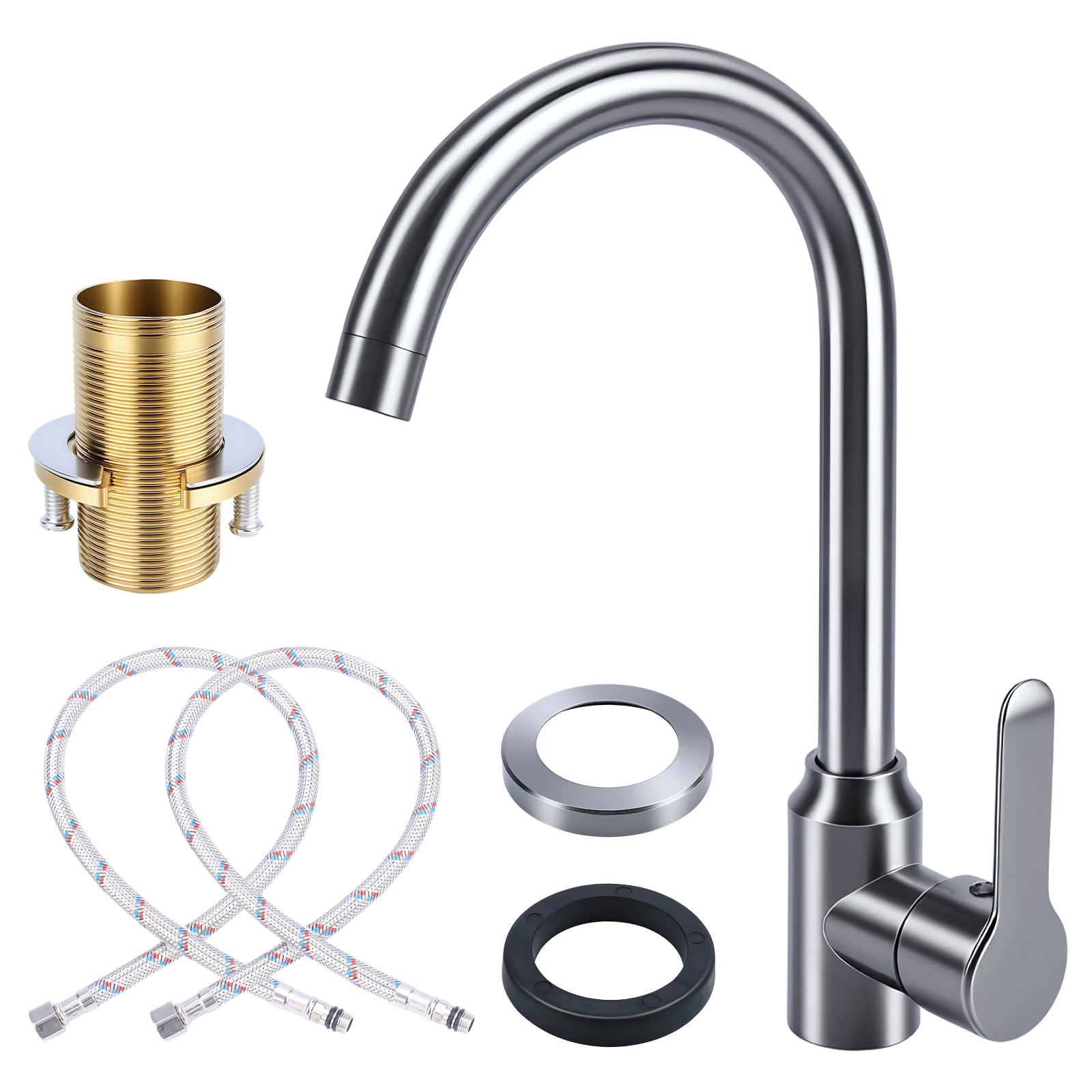 Stainless steel high arc kitchen and bathroom faucet with single handle, hot and cold water control, includes hoses and mounting hardware for sink installation