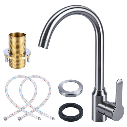 Stainless steel high arc kitchen and bathroom faucet with single handle, hot and cold water control, includes hoses and mounting hardware for sink installation
