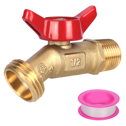 Brass valve with red handle and pink filter on a white background