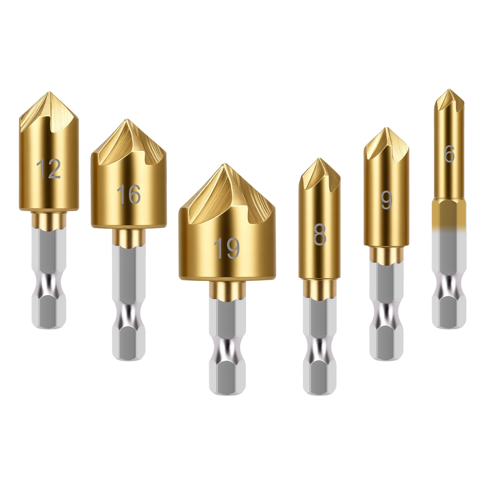 Set of six gold drill bits with numbered heads on a white background