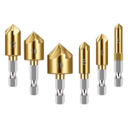 Set of six gold drill bits with numbered heads on a white background