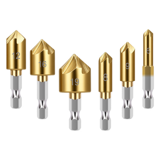 Set of six gold drill bits with numbered heads on a white background